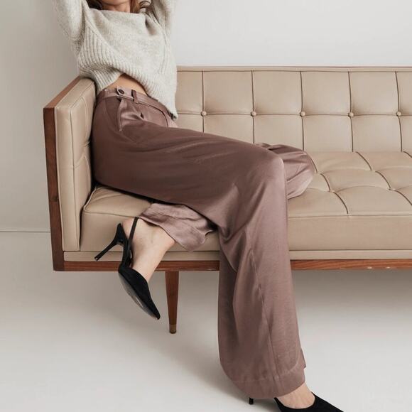 Madewell The Harlow High Rise Wide-Leg Pant in Satin Size 12P Petite Ice Mocha - Picture 3 of 15